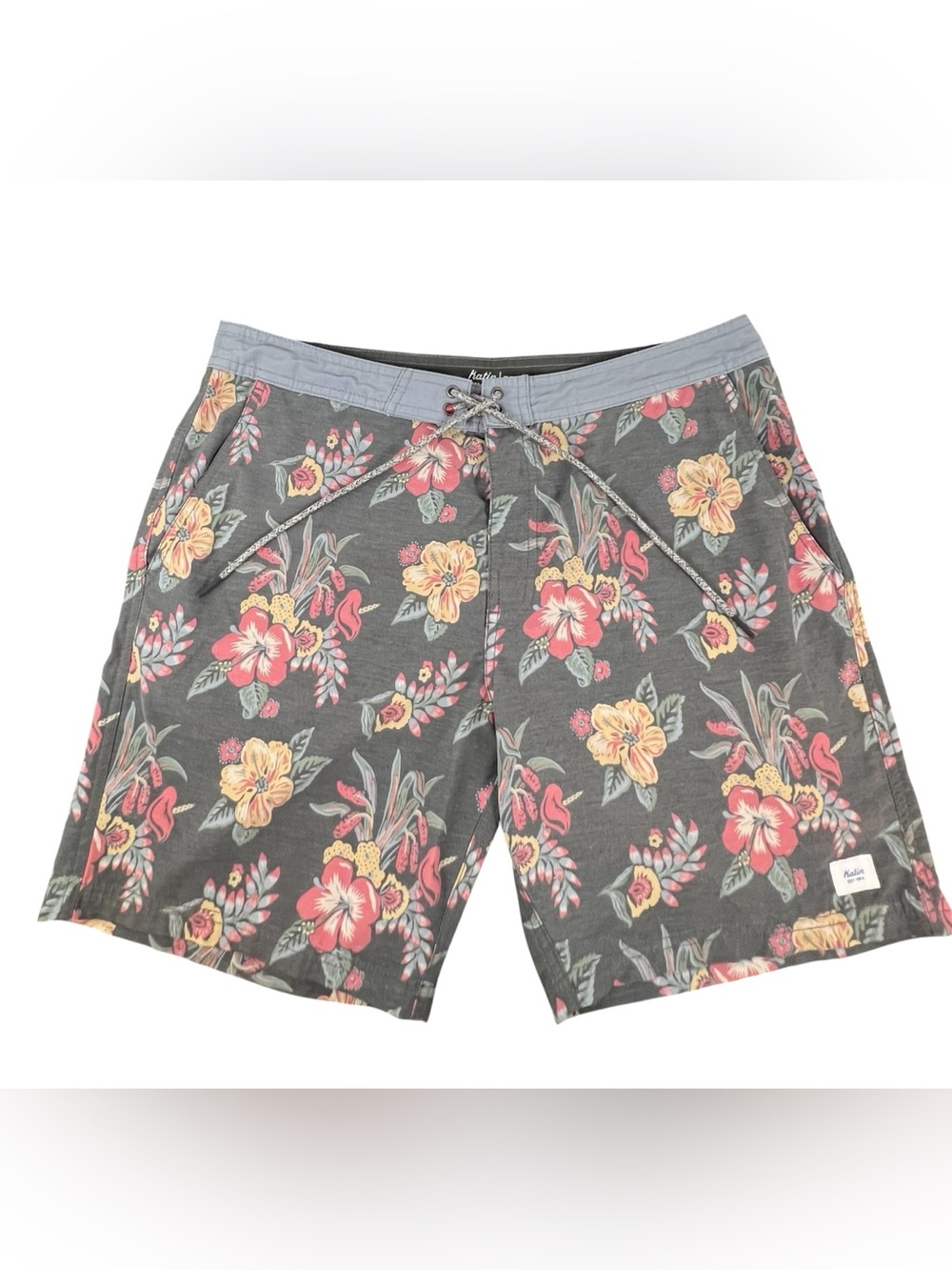 Katin Benji Hybrid Trunk Board Shorts Mens Sz 33 Gray Floral Print With Pockets